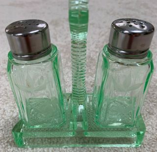 Vintage Cut Crystal Salt & Pepper 1930’s – 40’s Green Depression Glass Vaseline