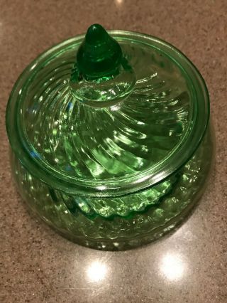 Vintage Green Uranium Vaseline Depression Glass Lidded Candy Dish/trinket Swirl
