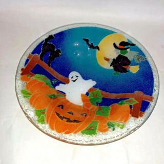Peggy Karr Fused Art Glass Halloween Plate Witch Black Cat Ghost Jack - O - Lantern