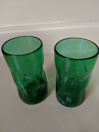 Vintage Blenko Emerald Green Hand Blown Crackle Pinched Glass Set Of 2 Tumblers
