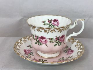 Royal Albert Teacup & Saucer Bridesmaid Pattern Cabbage Roses Two Tone Gold Trim