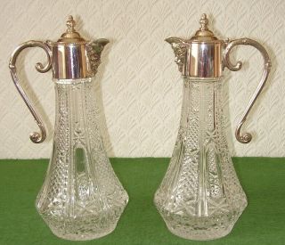 Vintage Claret Jugs Matching Pair Silver Plated Bacchus Spouts & Hobnail Glass