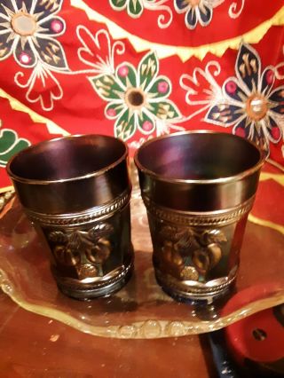 2 Antique Blue Carnival Glass Tumblers Iridescent Plums Rare Marked
