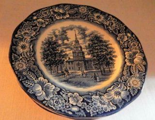 Set of 4 LIBERTY BLUE Staffordshire Independence Hall DINNER PLATES - England 4