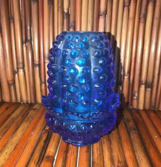 Vintage Fenton Cobalt Colonial Azure Blue Glass Hobnail Fairy Lamp