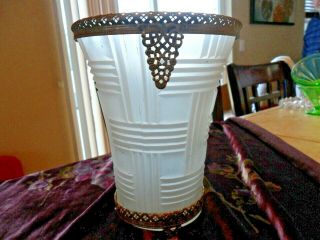 Rare Art Deco Anchor Hocking " Prismatic " Satin Glass Vase With Gold Ormolu 30 