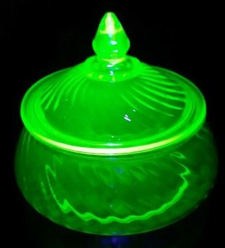 Vintage Green Vaseline Uranium Depression Glass Swirl Lidded Candy Dish Bowl