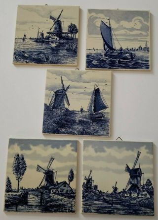 5 Vintage 6 " Delft Blue Dutch Ceramic Tiles With Windmill Scenes