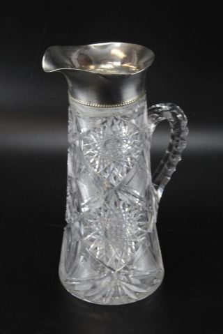Antique American Brilliant Abp Cut Glass Pitcher W/ Sterling Silver Rim