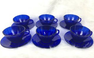 Vintage Cobalt Blue Glass Vereco France Set Of 6 Swirl Tea Cups & Saucers
