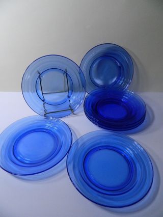 7 Vintage Depression Glass Moderntone Cobalt Blue Salad Plates Set Hazel Atlas