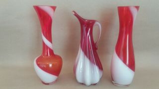 3 X Vintage Italian Empoli Red And White Swirl Small Glass Vases
