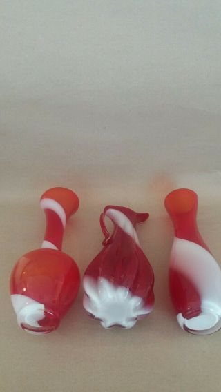 3 x Vintage Italian Empoli Red and White Swirl Small Glass Vases 5