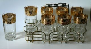 8 Vintage Culver Tyrol 12 Oz Highball Glasses With Caddy/carrier