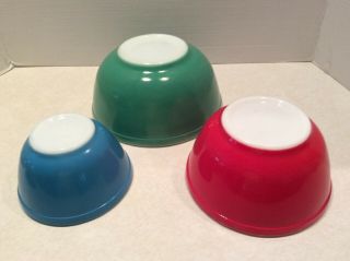 Vintage Pyrex Mixing Bowls,  Set Of 3 Nested,  Green/red/blue