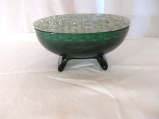 Vintage Viking Glass Green Footed Oval Vase Bowl Clear Flower Frog Candle Holder