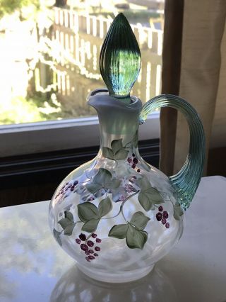 Vintage Fenton Optic Cruet With Green And Hand Painted Grape Vines 6”