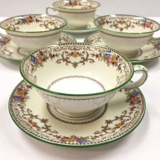 Set 4 Minton Shaftesbury Embossed Floral Green Trimmed Cups & Saucers