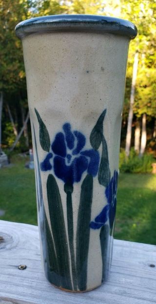 Monroe Salt Maine Pottery Iris Pattern 10” Tapered Vase Msw Collectable