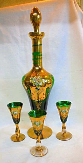 Antique Venetian Glass Decanter Set.  Emerald Green.  Raised Decoration.  Gilded.