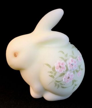 Fenton Art Glass Hand Painted “ Pink Blossoms “ On Custard Bunny / Rabbit
