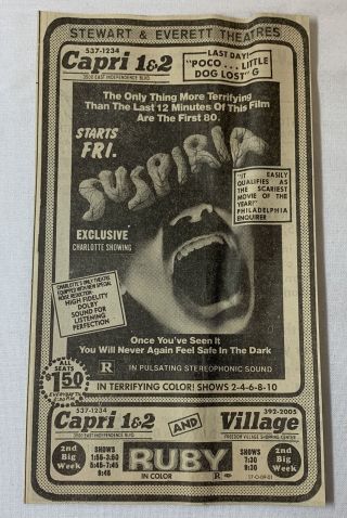 1977 Newspaper Horror Movie Ad Suspiria Dario Argento