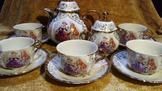 Vintage 14 Pc Richard Ginori Tea Set Victorian Pattern Gold Gilded Cup & Saucer