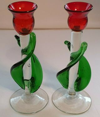 Italian Venetian Murano Red And Green Glass Tulip Flower Candlesticks