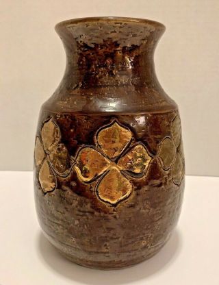 Vintage Rare Collectible Brown Pottery Vase Gold Patterns Italy Mcm Home Decor