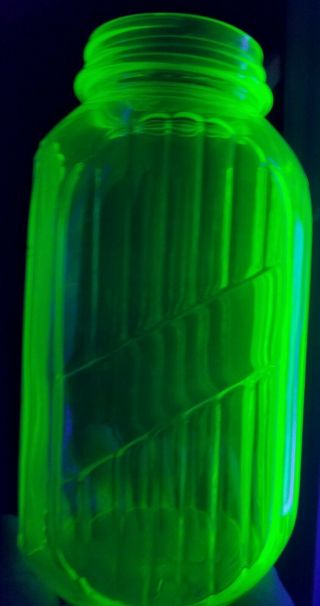 Green depression era glass Anchor Hocking Hoosier Jar.  Glows in UV Light 2