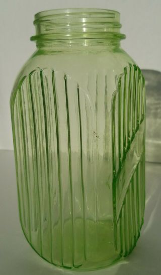 Green depression era glass Anchor Hocking Hoosier Jar.  Glows in UV Light 6