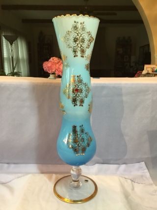 Stunning Venetian Italy Aqua Blue Vase With 2 Faux Rubies & Gold Gilt Stencil