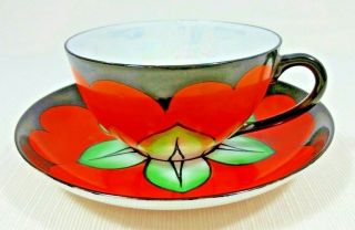 Vintage Meito Lustreware Hand Painted Tea Cup And Saucer Black And Orange Floral