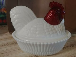 Vintage Milk Glass Red Head Rooster Covered Dish