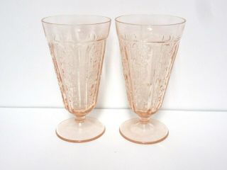 2 Pink Sharon (cabbage Rose) Tall Footed Ice Tea Tumblers / Federal Glass Co