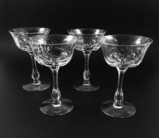 Vintage Etched Crystal Champagne Wine Glasses 5 1/2 " Coupes Set Of 4 Unique
