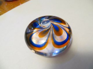 Vintag Kosta Art Glass Jewel 2 Paperweight Signed Warff Blue Orange Flower Swirl