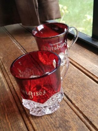 2 Antique Glass Souvenir Ruby Red Cut Crystal Engraved Pittsburgh Gettysburg1863