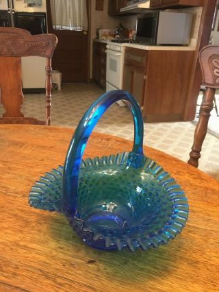 Vintage Fenton Art Glass Basket Hobnail Crimped Edge Colonial Blue