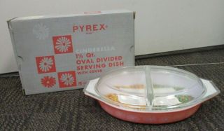 Pyrex Pink Daisy Cinderella 1 1/2 Quart Oval Divided Serving Dish &cover & Box