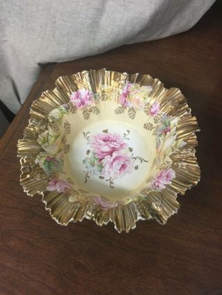 Lovely Antique Hand Painted 10 " Ruffled Edge Bowl Roses