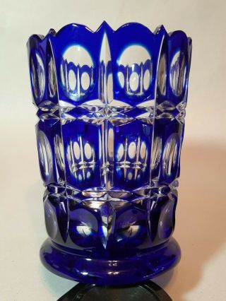 Old Artist Signed Art Glass Vase Cobalt Blue Cut To Clear Double L