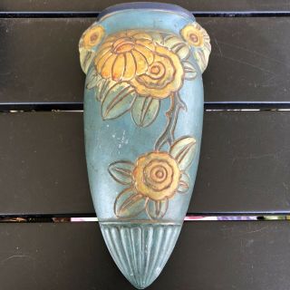 Vintage Ceramic Wall Pocket Hand Painted Blue Flowers Floral Japan