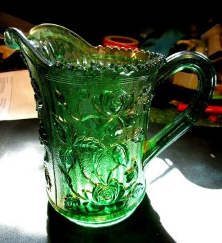 Pretty Imperial Luster Rose Green Carnival Glass Water Pitcher - No Damage