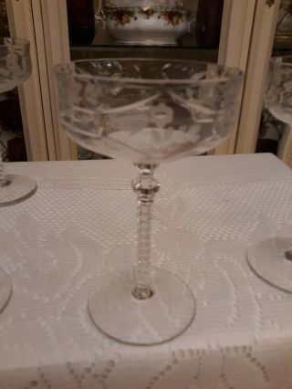 Vintage Etched Crystal Champagne Wine Glasses 6 1/8 " Coupes Set Of 4 Unique