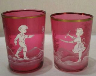 Cranberry / Ruby Red Mary Gregory Hand Painted Fine Glass Water Tumblers - Pair