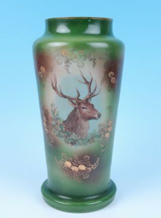 Large Antique Bohemian Glass Vase W/ Stag & Gold Bristol German Austrian Deer