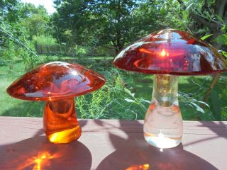 Pair Vintage Orange Glass Mushroom Paperweights Viking Persimmon,  Orange Clear