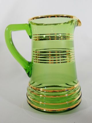 Vintage Retro Art Deco Green Gold Glass Water Cordial Jug Pitcher Striking Vase