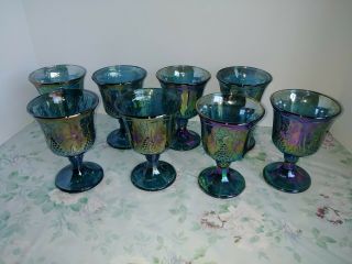 8 Harvest Grape Carnival Wine Glass Footed Goblet Iridescent Blue Indiana